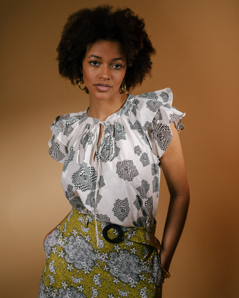 Telekis Frill Sleeve  Printed Cotton Top