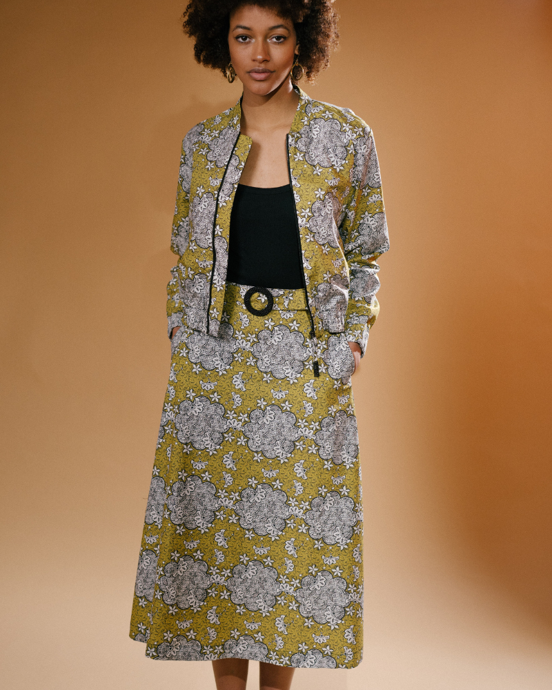 Kipipiri Printed Yellow Midi Skirt With Beaded Buckle