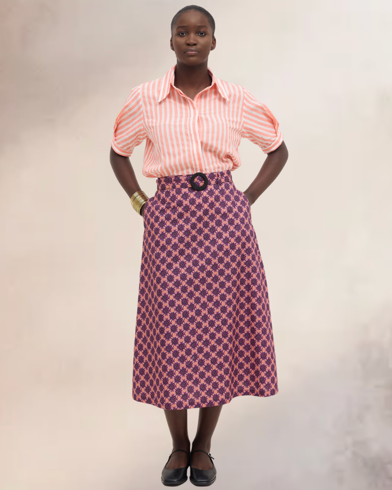 Kipipiri Printed Coral Midi Skirt With Beaded Buckle