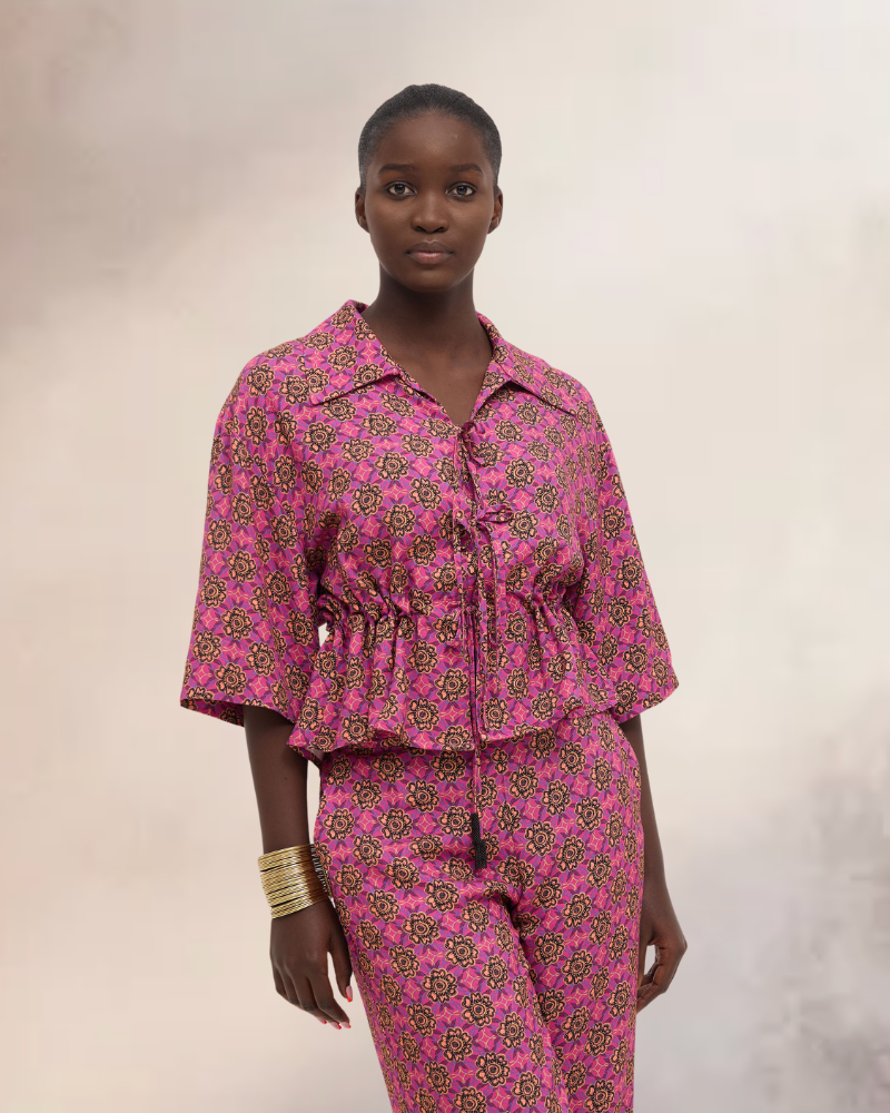 Kahuzi 3/4 Sleeve Tie Front Printed Top