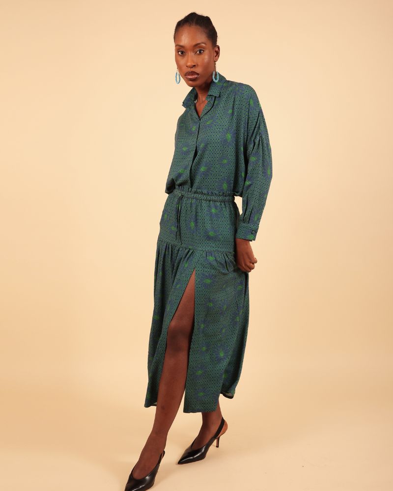 Bikku Dropped Waist Printed Midi Skirt