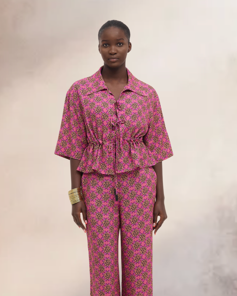 Kahuzi 3/4 Sleeve Tie Front Printed Top