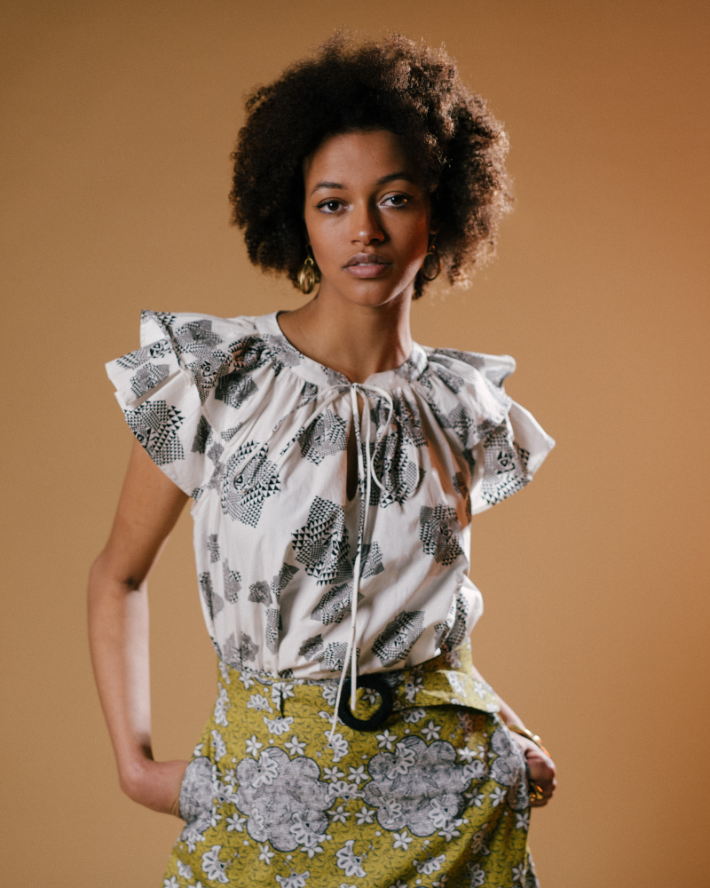 Telekis Frill Sleeve  Printed Cotton Top