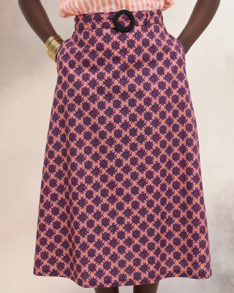 Kipipiri Printed Coral Midi Skirt With Beaded Buckle