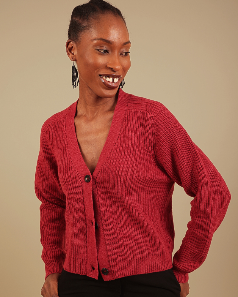 Emin Ribbed Red Cardigan