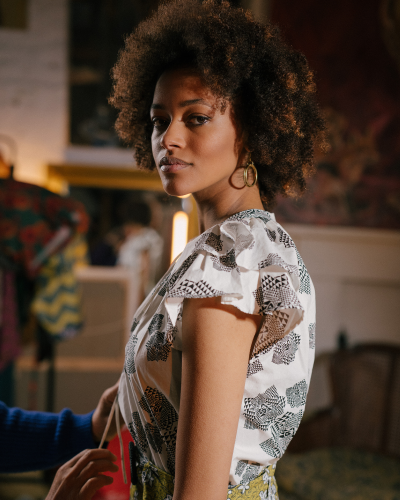 Telekis Frill Sleeve  Printed Cotton Top