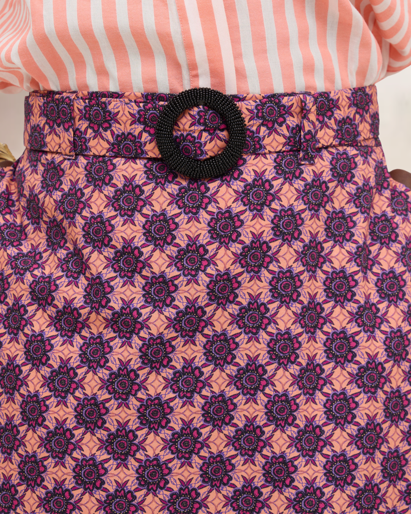 Kipipiri Printed Coral Midi Skirt With Beaded Buckle