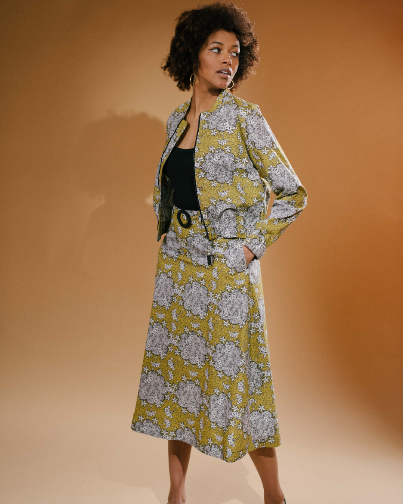 Kipipiri Printed Yellow Midi Skirt With Beaded Buckle