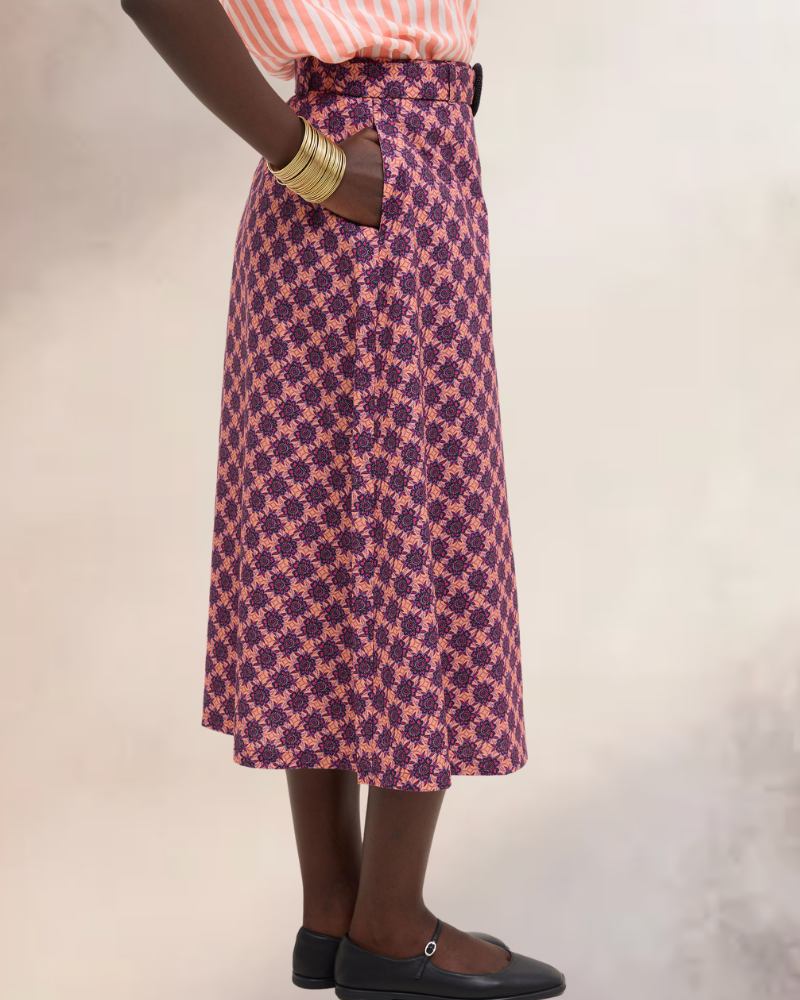 Kipipiri Printed Coral Midi Skirt With Beaded Buckle