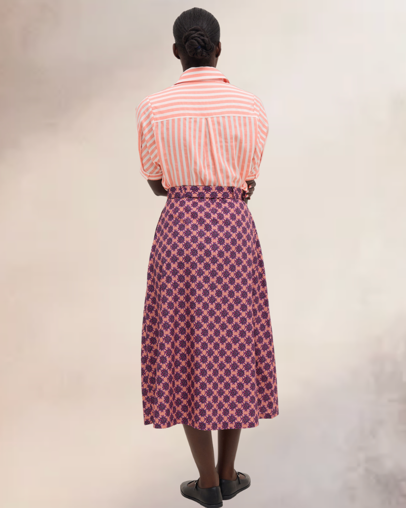 Kipipiri Printed Coral Midi Skirt With Beaded Buckle