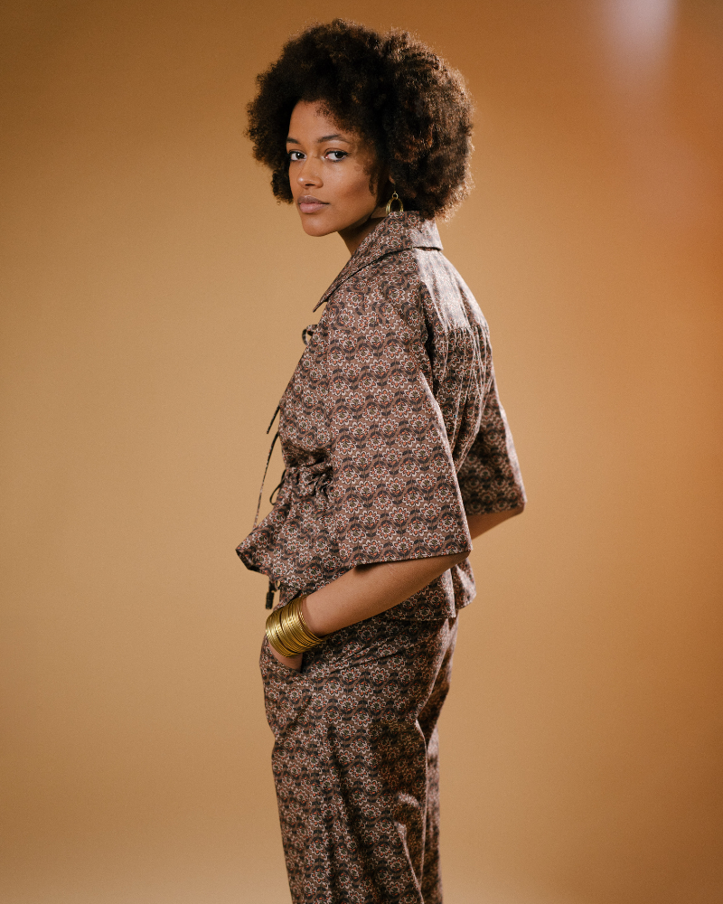 Kahuzi 3/4 Sleeve Tie Front Printed Top