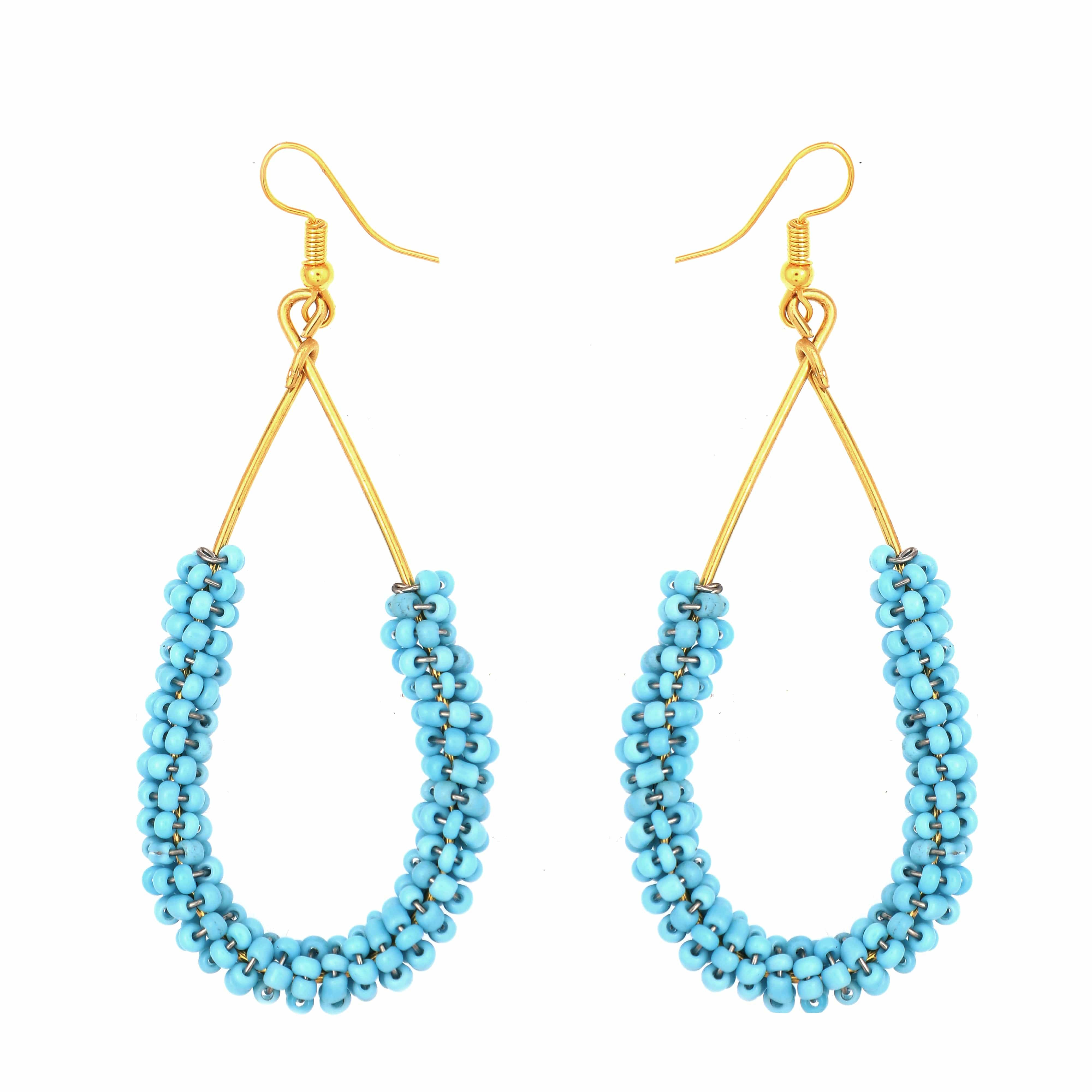 Wasini Sky Blue Beaded Large Tear Drop Brass Earrings