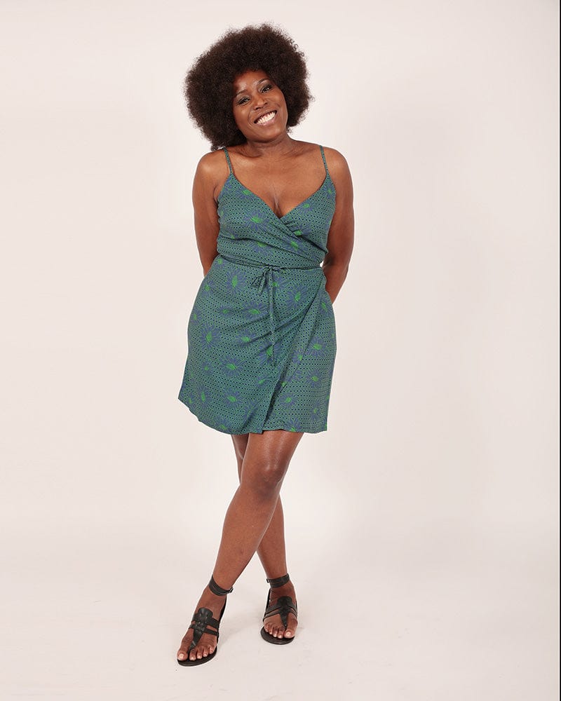 Korosi Green Print Strappy Wrap Dress