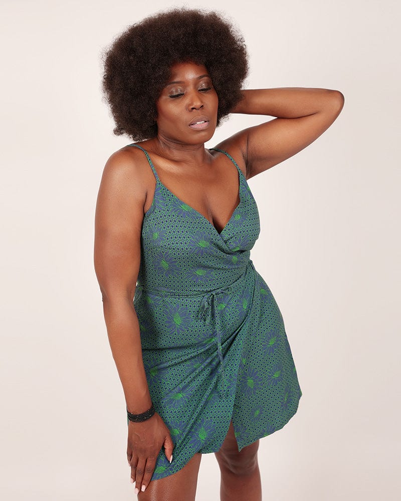 Korosi Green Print Strappy Wrap Dress