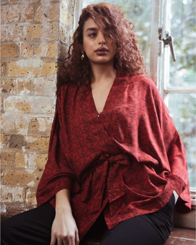 Kibo Lenzing™ Ecovero™ Belted Kimono In a Red and Black Print
