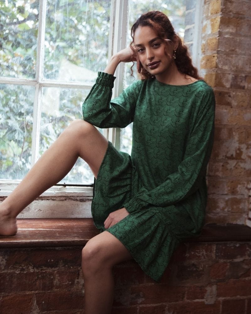 OKU LONG SLEEVED GREEN PRINTED DRESS WITH FRILL HEM IN LENZING™ ECOVERO™