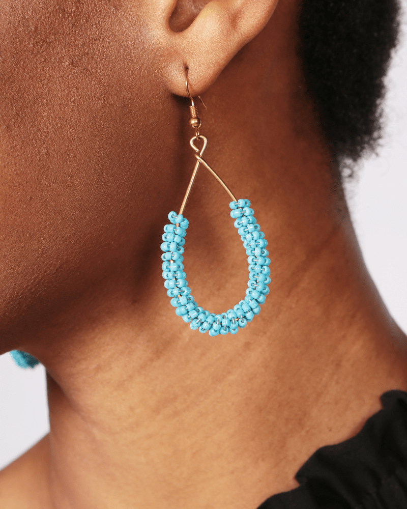 Wasini Sky Blue Beaded Large Tear Drop Brass Earrings