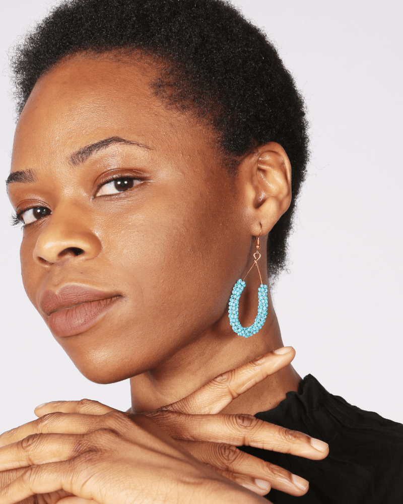 Wasini Sky Blue Beaded Large Tear Drop Brass Earrings