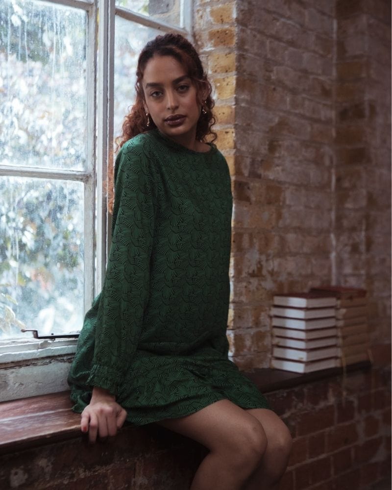 OKU LONG SLEEVED GREEN PRINTED DRESS WITH FRILL HEM IN LENZING™ ECOVERO™