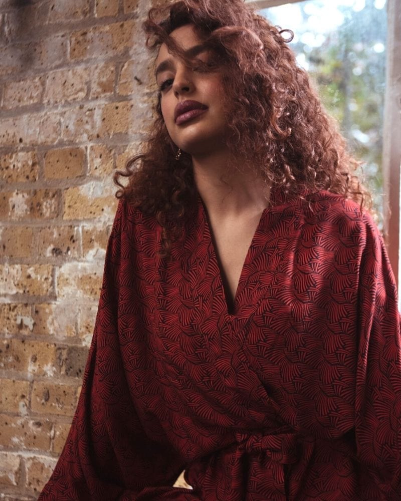 Kibo Lenzing™ Ecovero™ Belted Kimono In a Red and Black Print