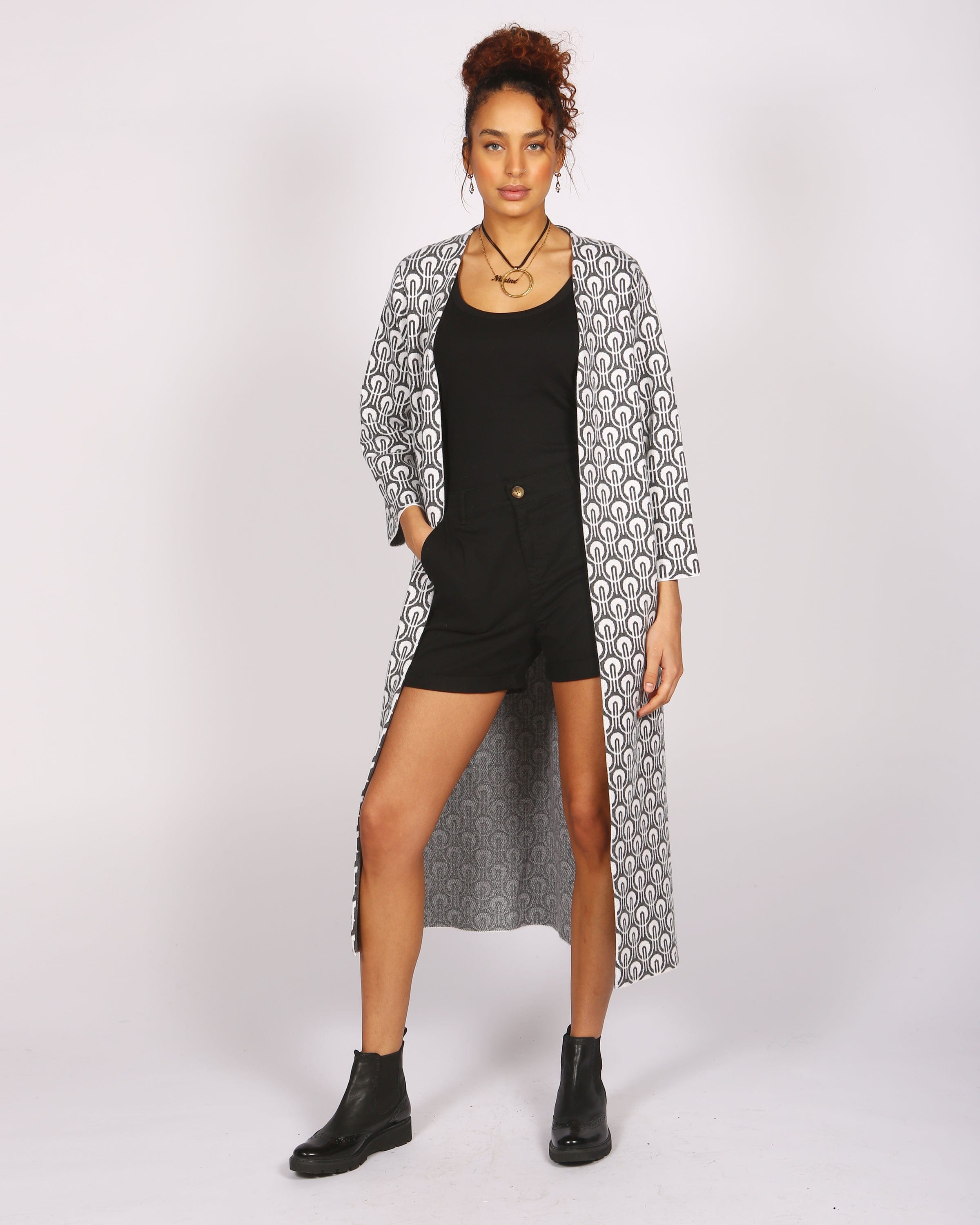 Iveti Long Belted Grey & White Cardigan In Responsible Wool & Organic Cotton