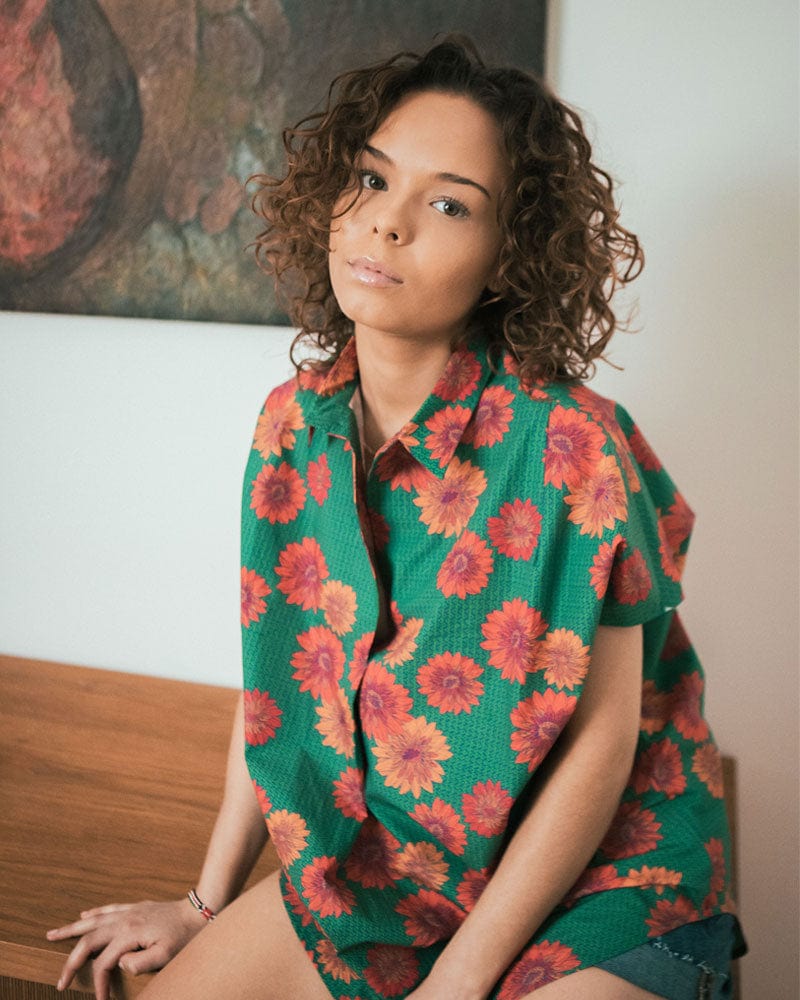 Sayeti Red Daisy Printed Short Sleeve Shirt