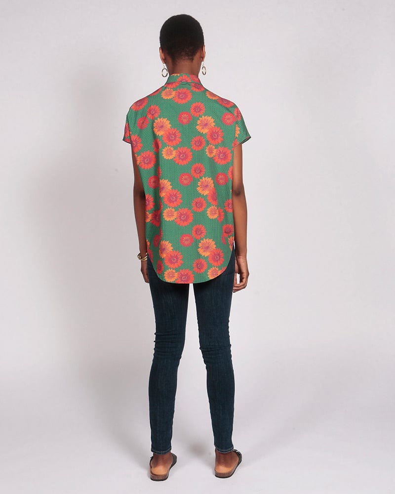 Sayeti Red Daisy Printed Short Sleeve Shirt