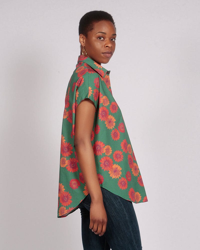 Sayeti Red Daisy Printed Short Sleeve Shirt