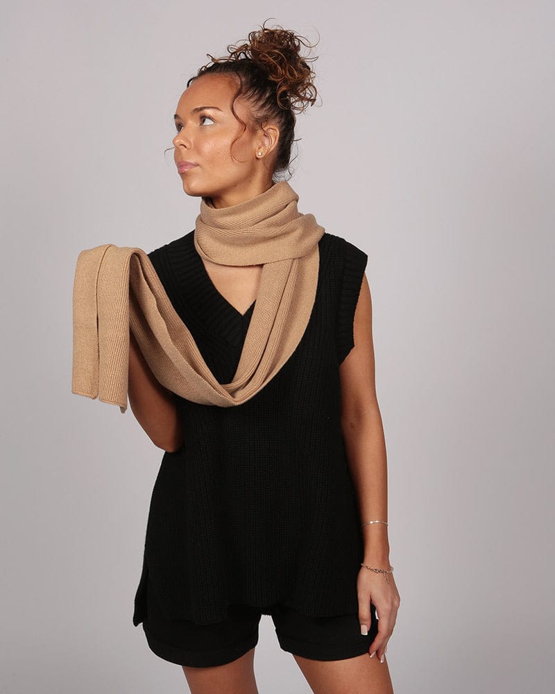 Saadani Knitted Ribbed Fawn Scarf In Responsible Wool & Organic Cotton