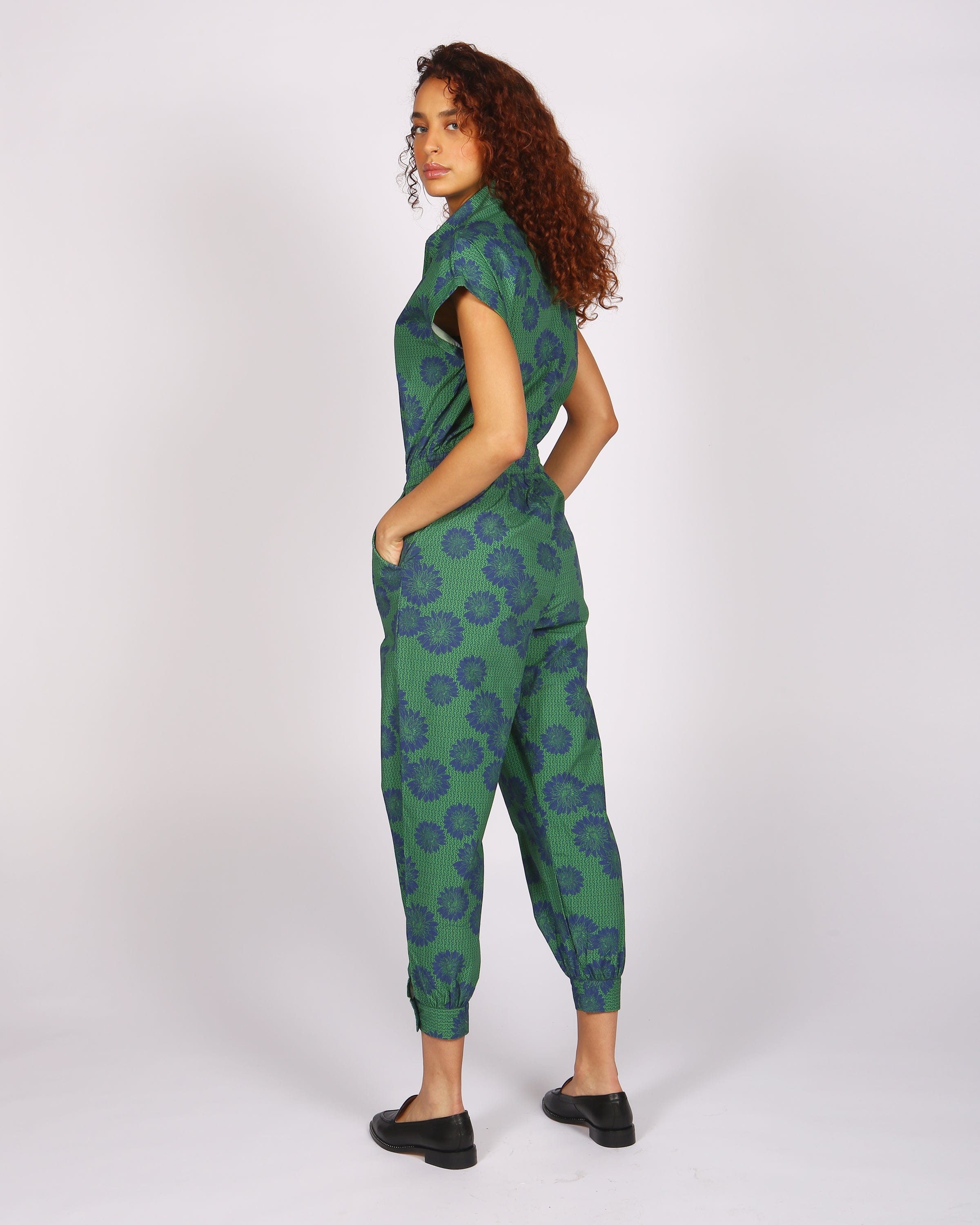 Agou Blue Daisy Print Jumpsuit with Cap Sleeves