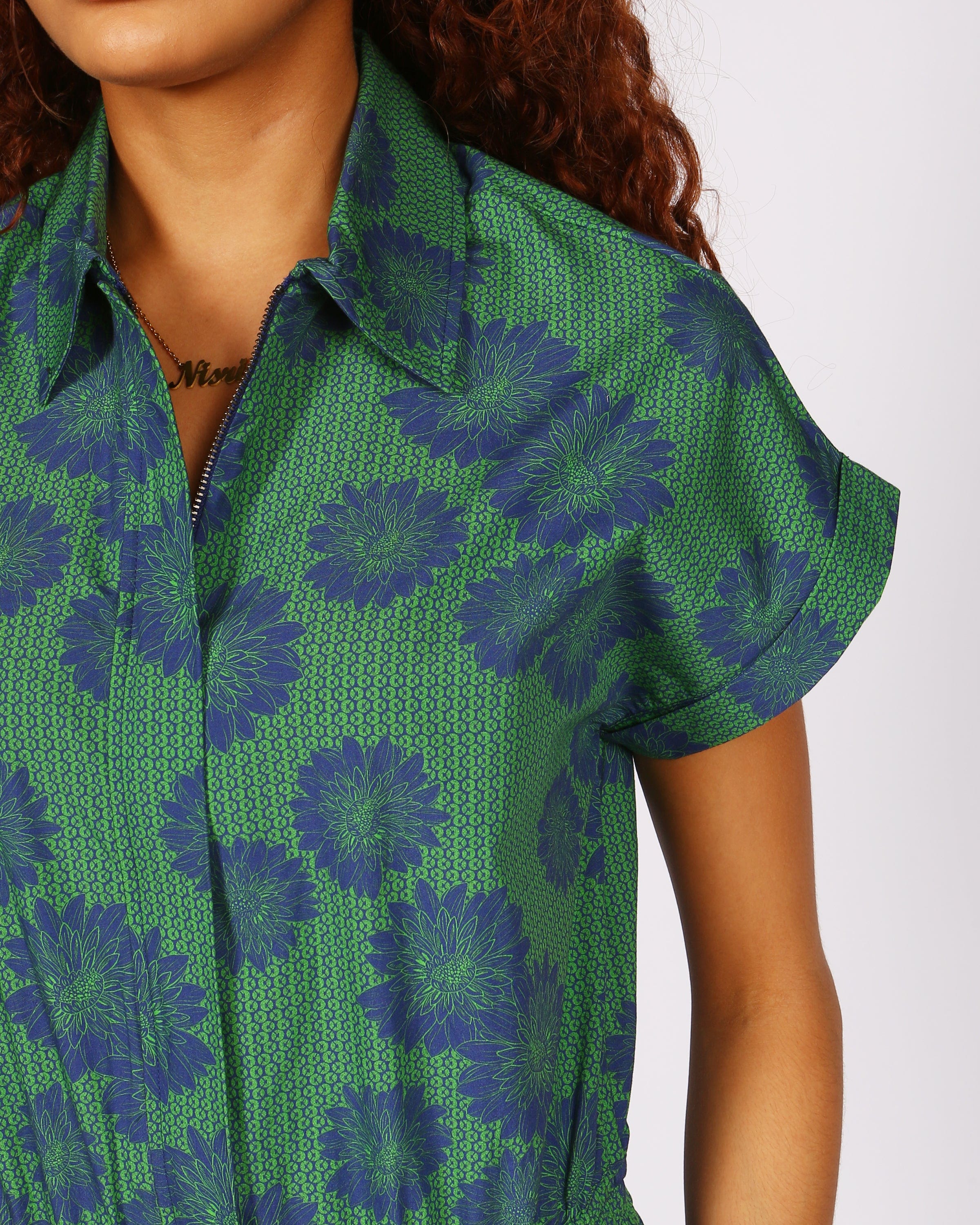 Agou Blue Daisy Print Jumpsuit with Cap Sleeves