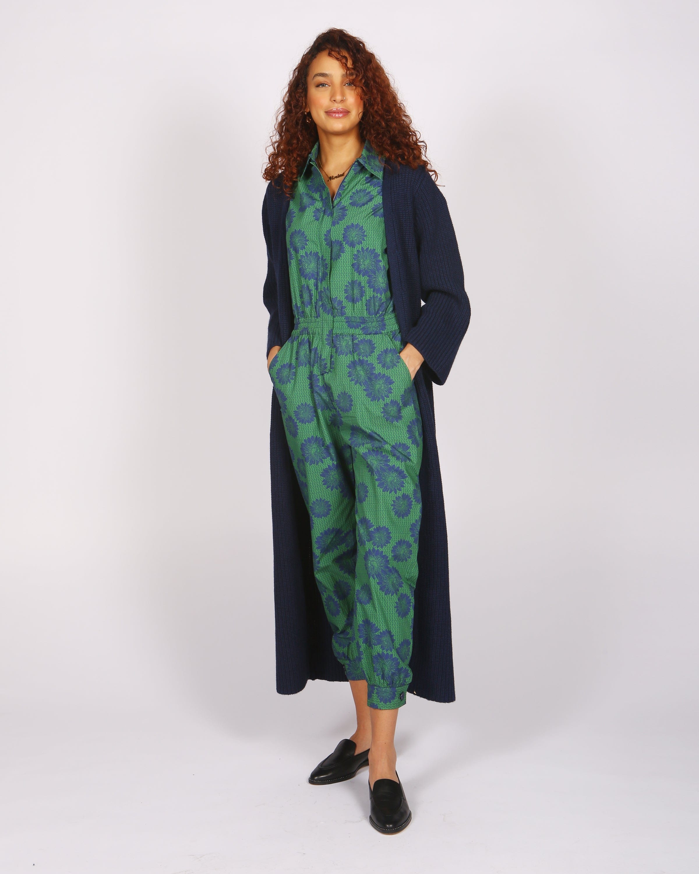 Agou Blue Daisy Print Jumpsuit with Cap Sleeves