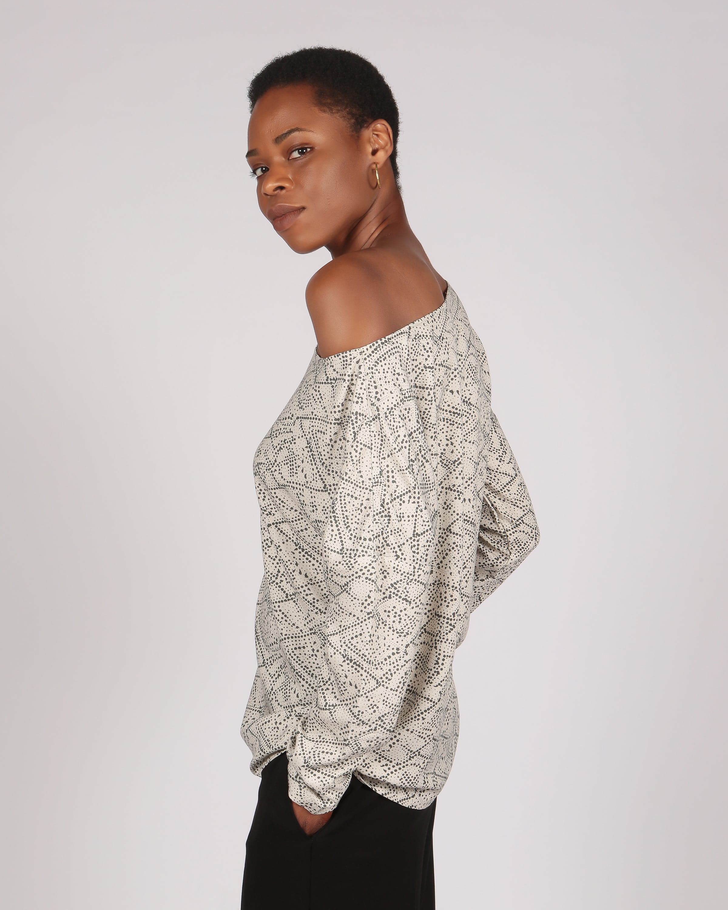 Somkaru Lenzing™ Ecovero™ Black and Cream Floral Printed Wide Neck Long Sleeve Top