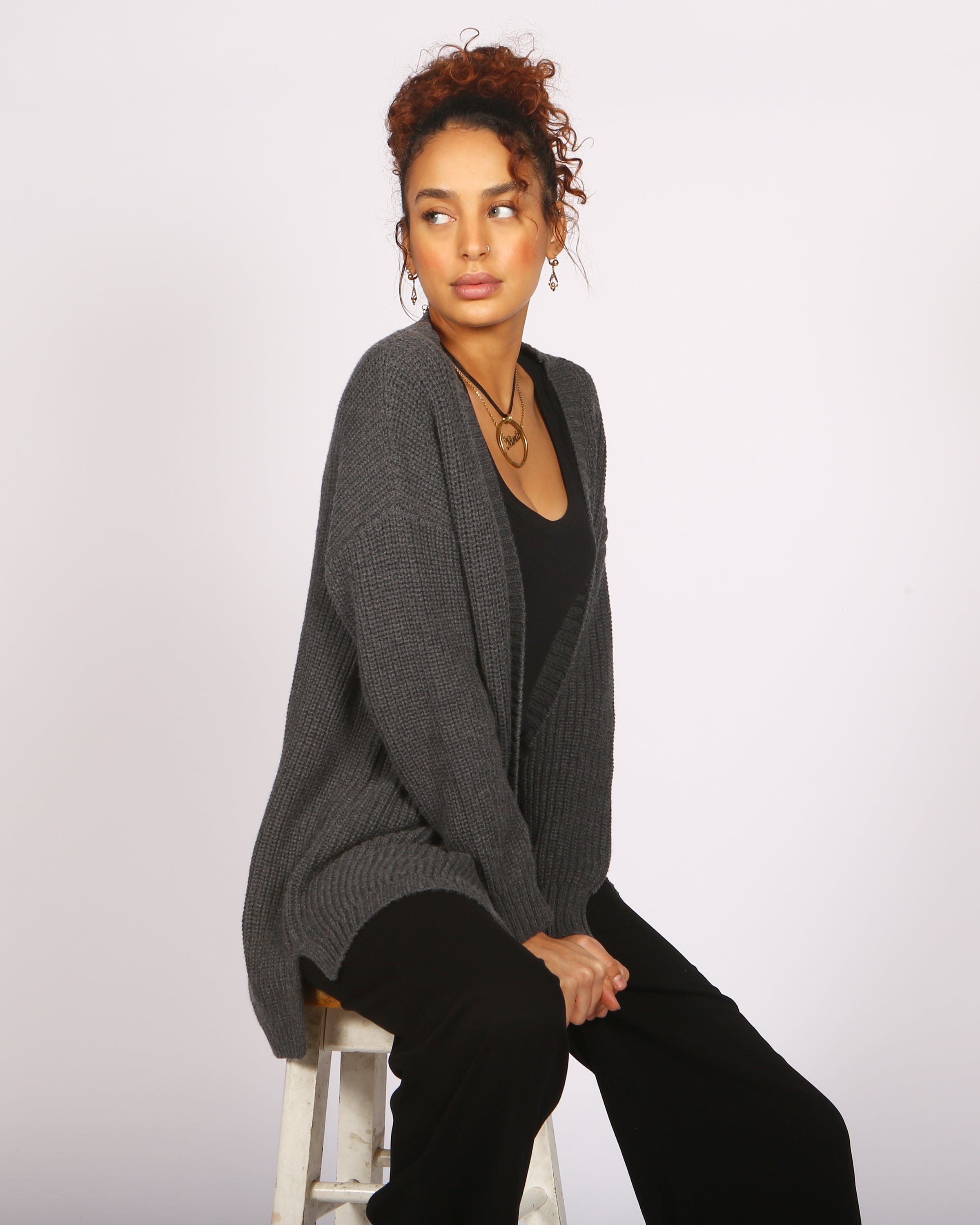Kipsi Belted Charcoal Cardigan In Responsible Wool & Organic Cotton