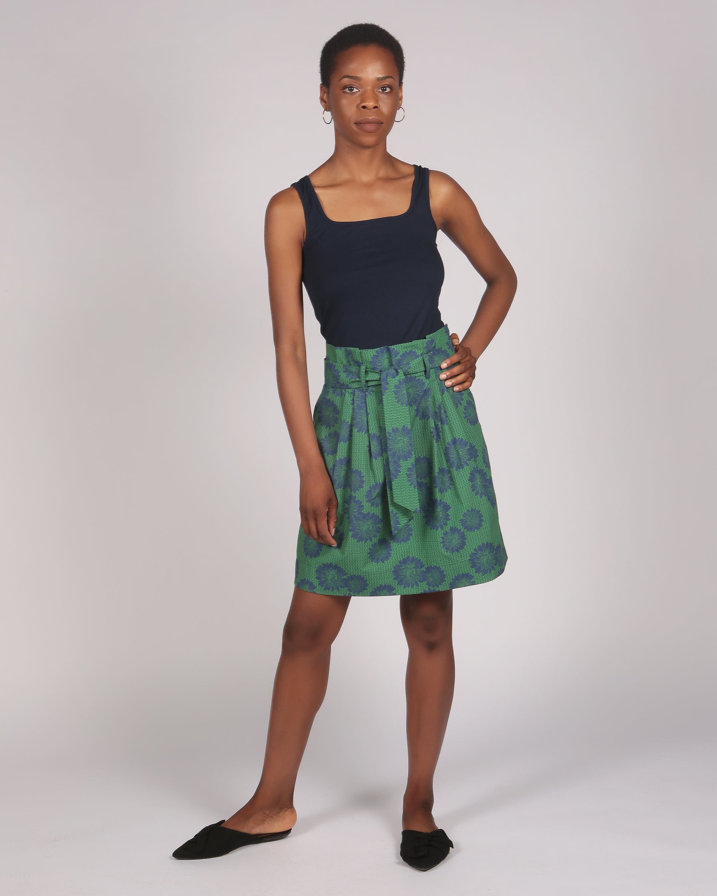 Abieri Blue Daisy Print Pleated Skirt With Belt