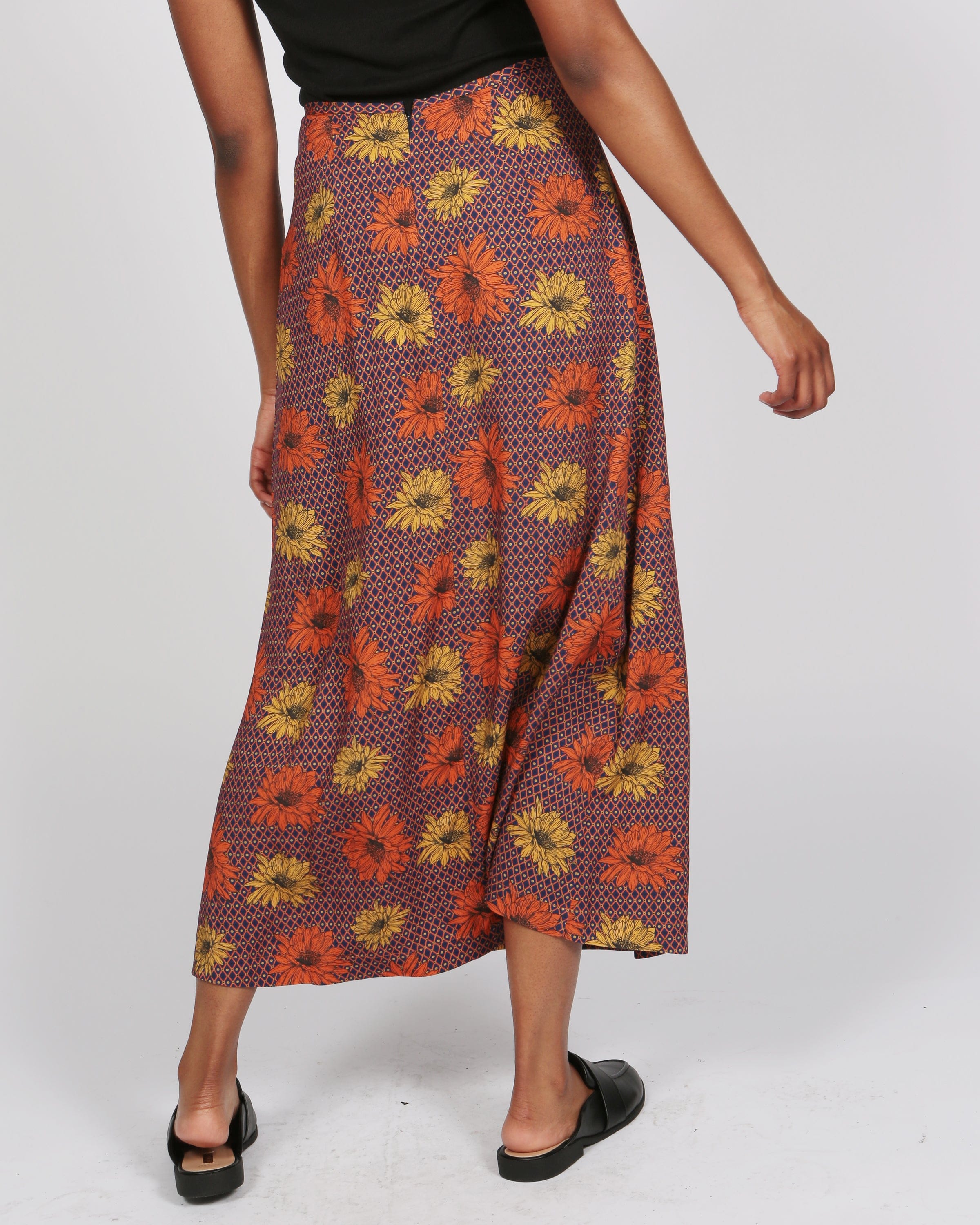 Massif Orange and Yellow Floral Lenzing™ Ecovero™ Print Midi Skirt