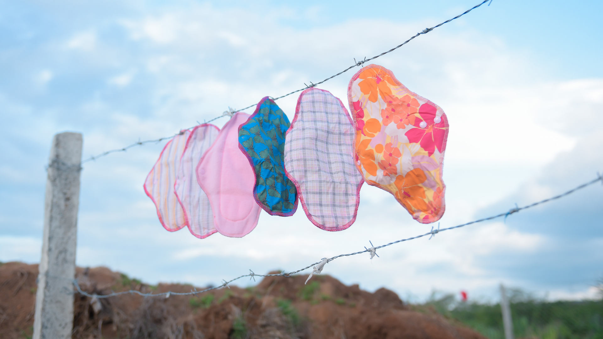 Washable sanitary pads drying on a line