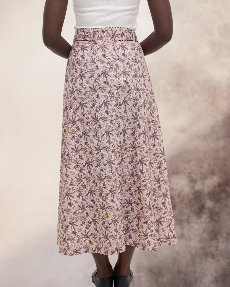 Hay Printed Button Through Midi Skirt  With Belt