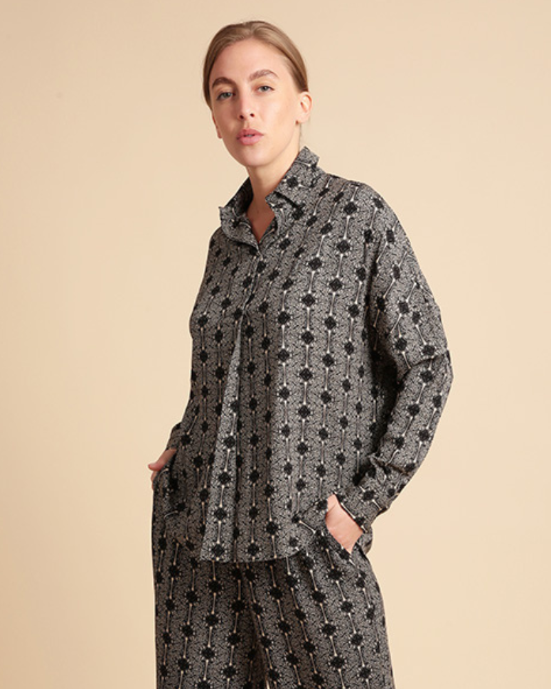 Sayeti Lenzing™ Ecovero™  Long Sleeve Black And Cream Butterfly Print Shirt