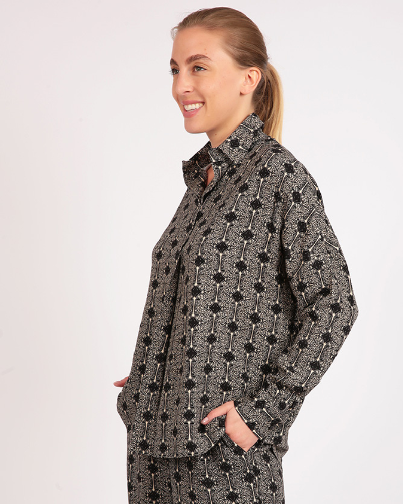Sayeti Lenzing™ Ecovero™  Long Sleeve Black And Cream Butterfly Print Shirt