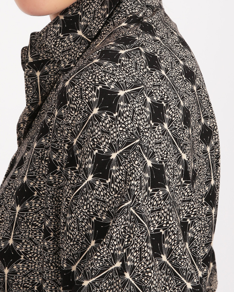 Sayeti Lenzing™ Ecovero™  Long Sleeve Black And Cream Butterfly Print Shirt