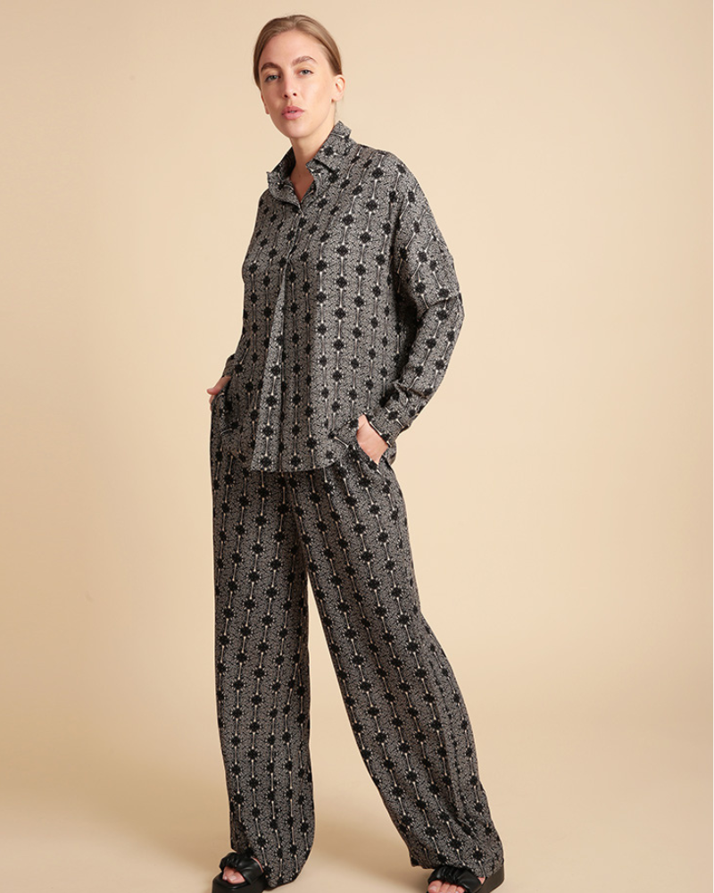 Sayeti Lenzing™ Ecovero™  Long Sleeve Black And Cream Butterfly Print Shirt