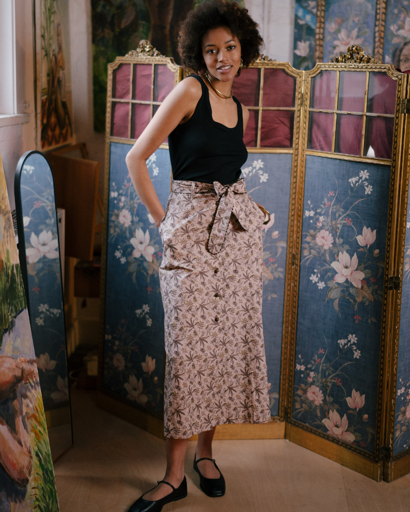 Hay Printed Button Through Midi Skirt  With Belt