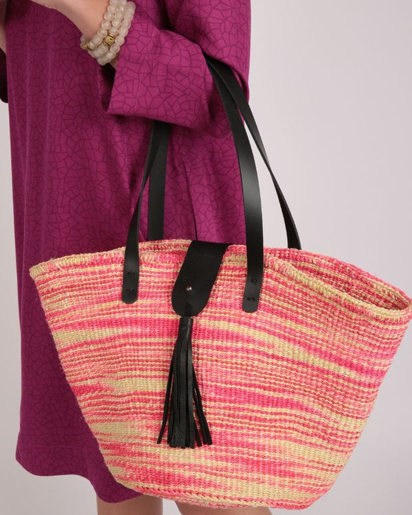 Lamu Pink and White  Basket With  Leather Straps