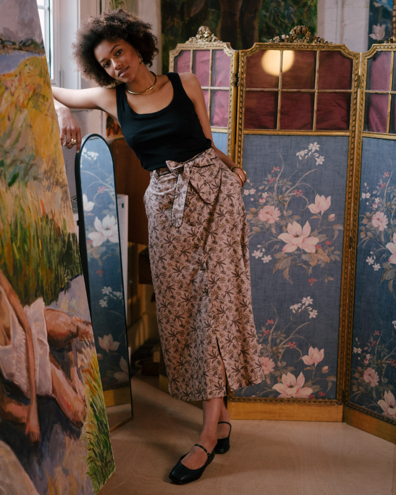 Hay Printed Button Through Midi Skirt  With Belt