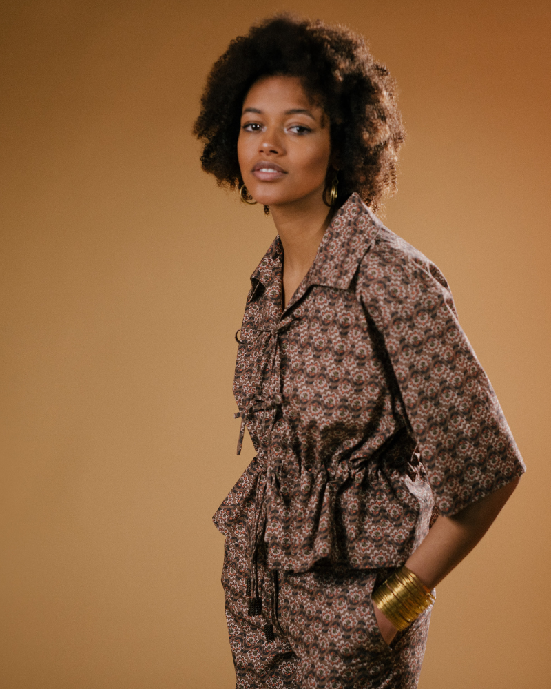 Kahuzi  3/4 Sleeve Tie Front Printed Top