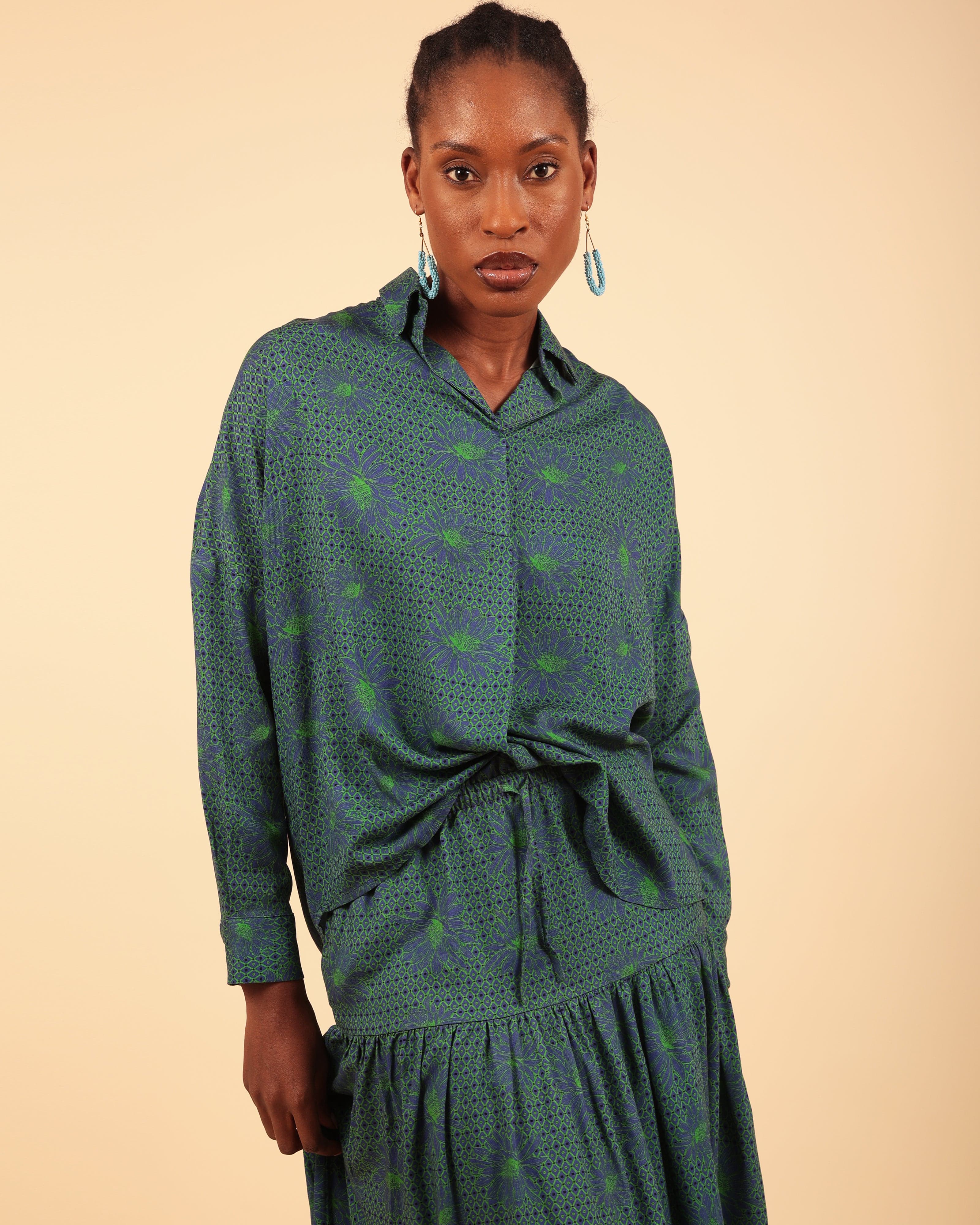 Sayeti Long Sleeve Green  Print Shirt