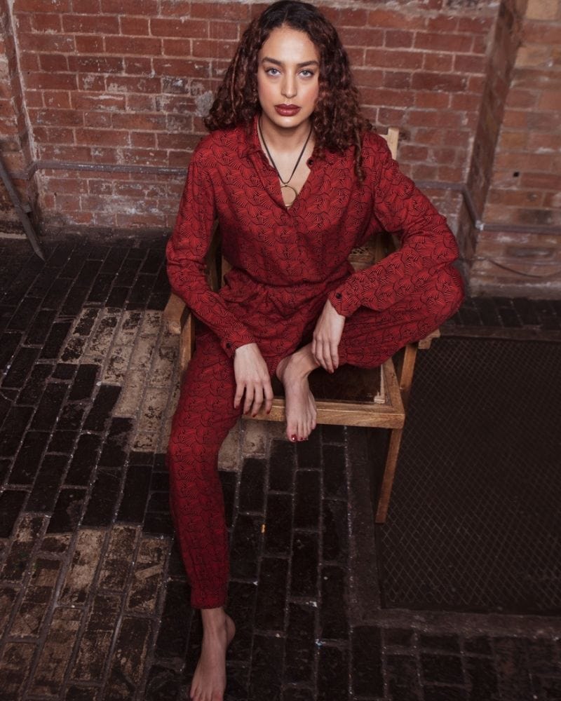 Mafadi Long Sleeve Red and Black  Printed Lenzing™ Ecovero™ Jumpsuit