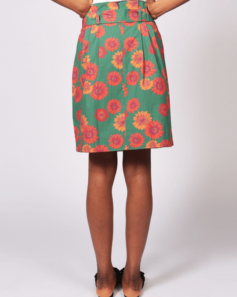 Abieri Red Daisy Print Pleated Skirt With Belt