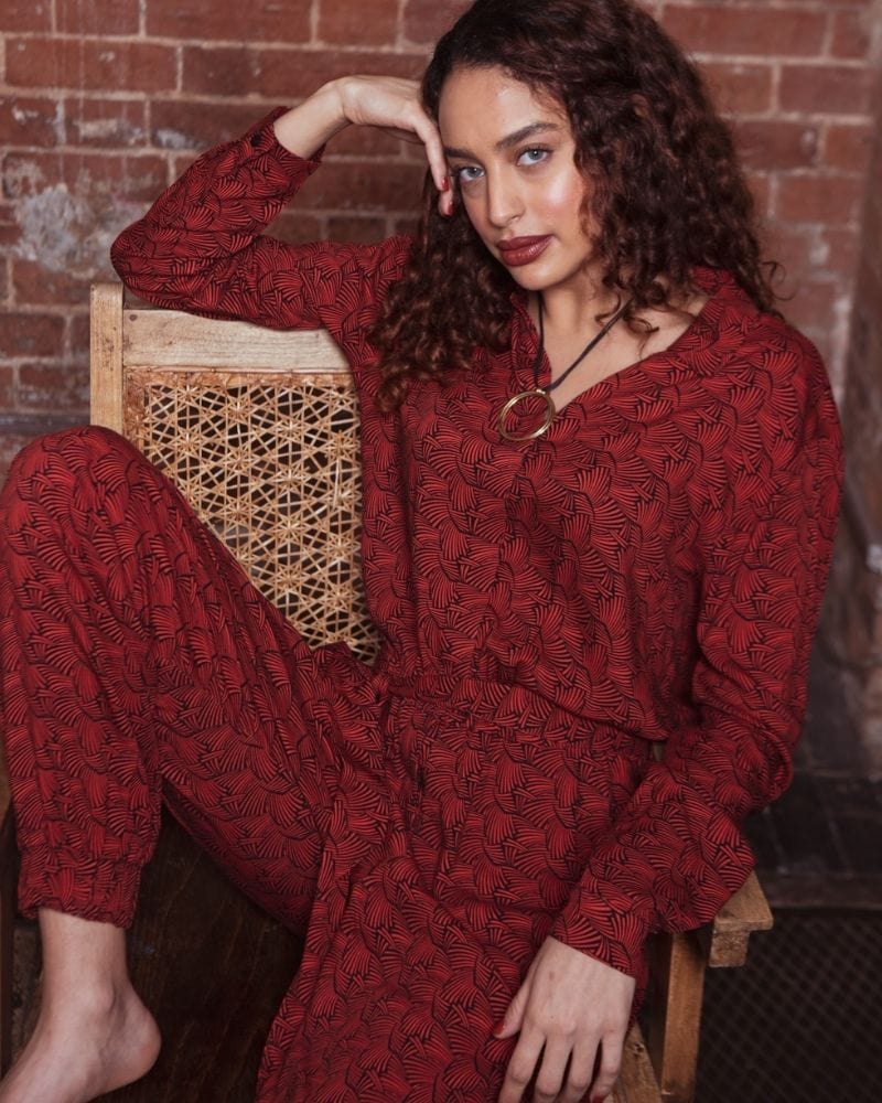 Mafadi Long Sleeve Red and Black  Printed Lenzing™ Ecovero™ Jumpsuit